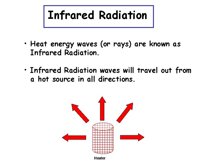 Infrared Radiation • Heat energy waves (or rays) are known as Infrared Radiation. •