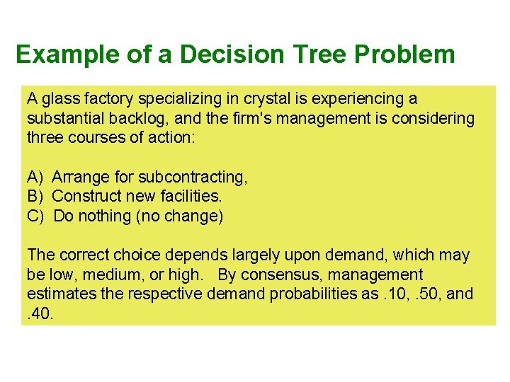 Example of a Decision Tree Problem A glass factory specializing in crystal is experiencing