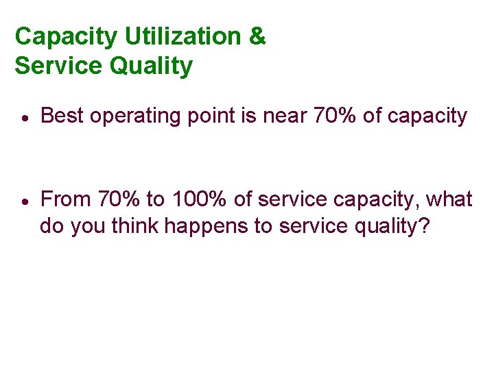 Capacity Utilization & Service Quality · Best operating point is near 70% of capacity