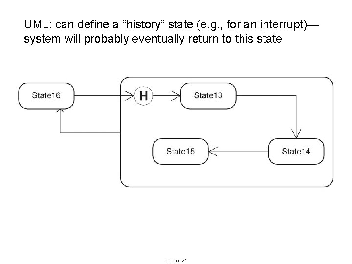 UML: can define a “history” state (e. g. , for an interrupt)— system will