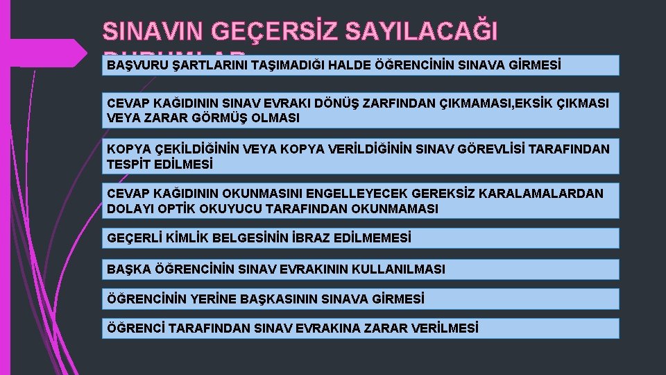 SINAVIN GEÇERSİZ SAYILACAĞI BAŞVURU ŞARTLARINI TAŞIMADIĞI HALDE ÖĞRENCİNİN SINAVA GİRMESİ DURUMLAR CEVAP KAĞIDININ SINAV