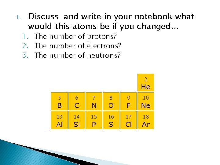 1. Discuss and write in your notebook what would this atoms be if you