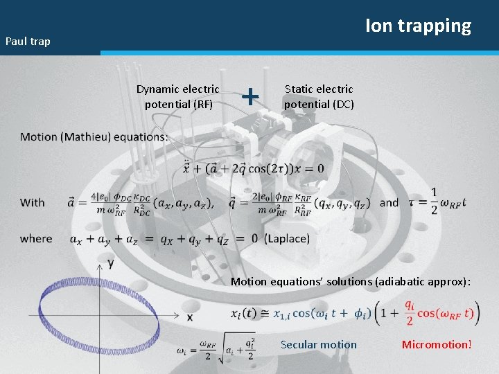 Ion trapping Paul trap Dynamic electric potential (RF) + Static electric potential (DC) Motion