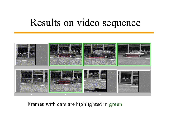 Results on video sequence Frames with cars are highlighted in green 
