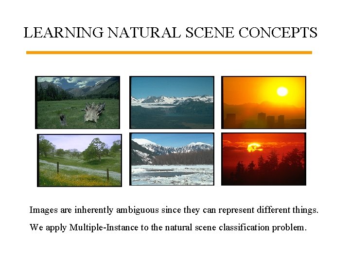 LEARNING NATURAL SCENE CONCEPTS Images are inherently ambiguous since they can represent different things.