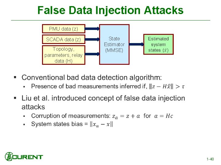 False Data Injection Attacks PMU data (z) SCADA data (z) Topology, parameters, relay data
