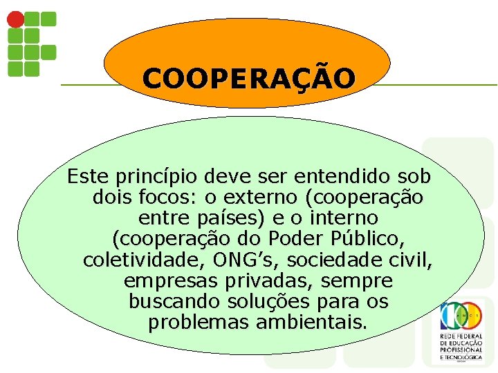 COOPERAÇÃO Este princípio deve ser entendido sob dois focos: o externo (cooperação entre países)