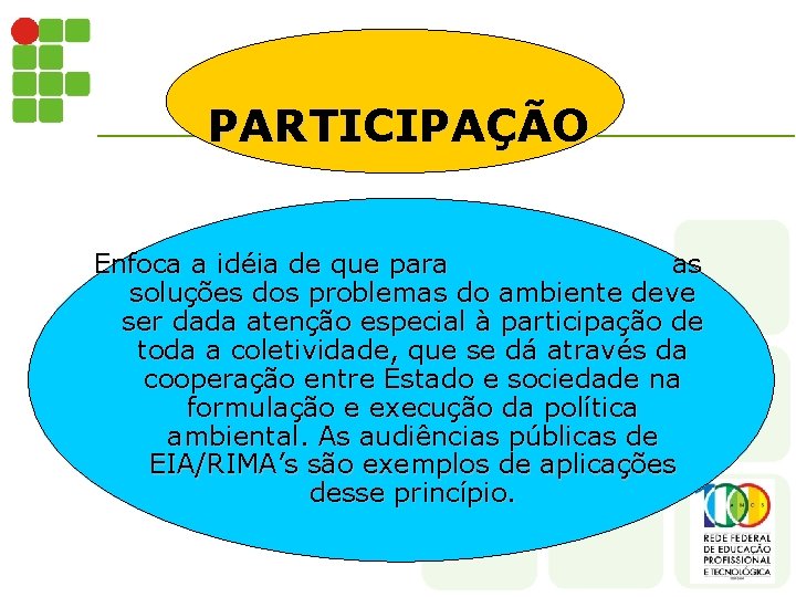 PARTICIPAÇÃO Enfoca a idéia de que para as soluções dos problemas do ambiente deve