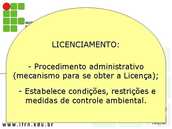 LICENCIAMENTO: - Procedimento administrativo (mecanismo para se obter a Licença); - Estabelece condições, restrições