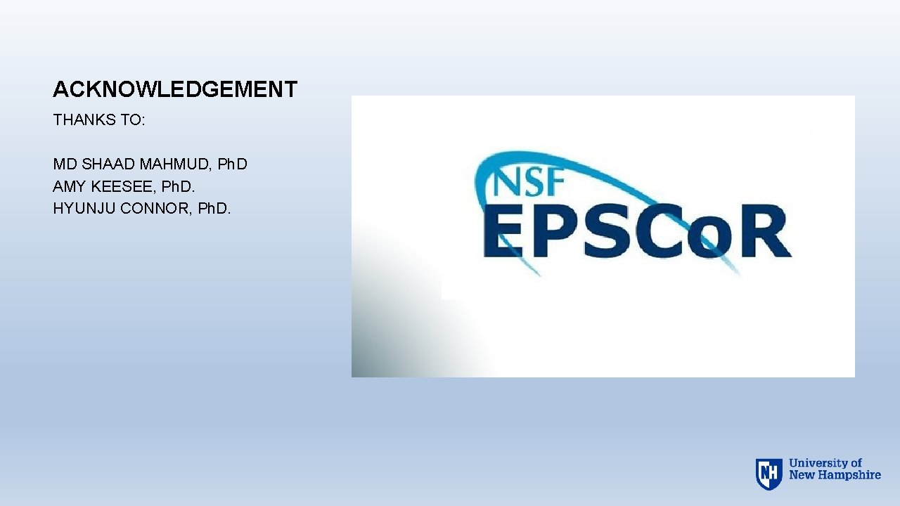 ACKNOWLEDGEMENT THANKS TO: MD SHAAD MAHMUD, Ph. D AMY KEESEE, Ph. D. HYUNJU CONNOR,