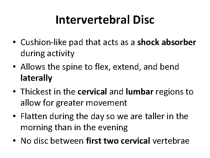 Intervertebral Disc • Cushion-like pad that acts as a shock absorber during activity •