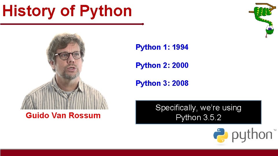 History of Python 1: 1994 Python 2: 2000 Python 3: 2008 Guido Van Rossum