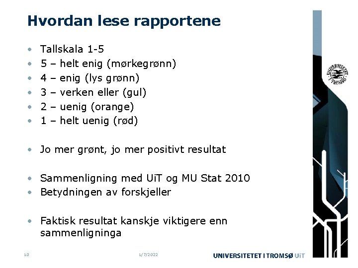 Hvordan lese rapportene • • • Tallskala 1 -5 5 – helt enig (mørkegrønn)