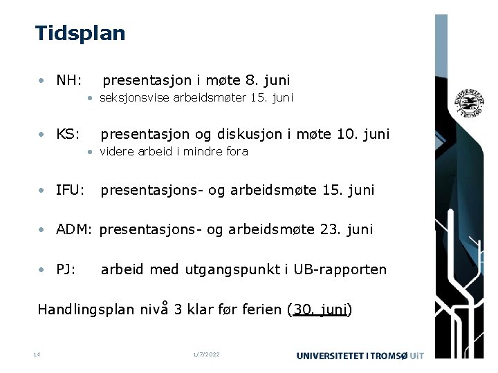 Tidsplan • NH: presentasjon i møte 8. juni • seksjonsvise arbeidsmøter 15. juni •