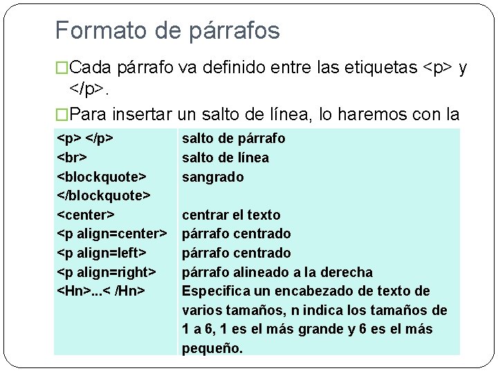 Formato de párrafos �Cada párrafo va definido entre las etiquetas <p> y </p>. �Para
