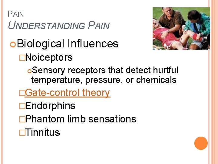 PAIN UNDERSTANDING PAIN Biological Influences �Noiceptors Sensory receptors that detect hurtful temperature, pressure, or