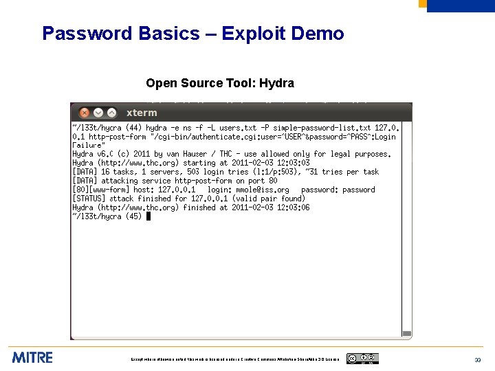 Password Basics – Exploit Demo Open Source Tool: Hydra Except where otherwise noted, this