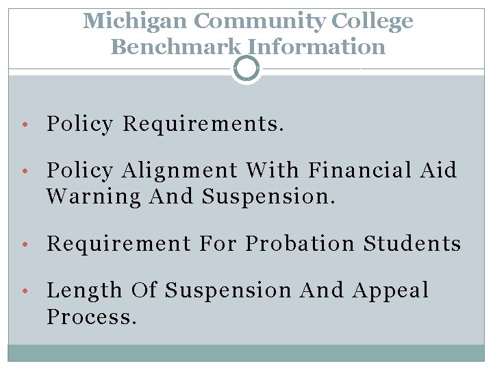 Michigan Community College Benchmark Information • Policy Requirements. • Policy Alignment With Financial Aid