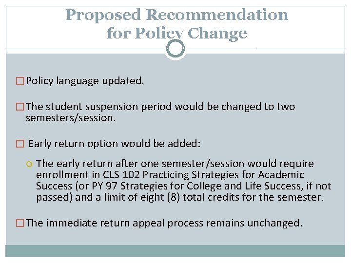 Proposed Recommendation for Policy Change � Policy language updated. � The student suspension period