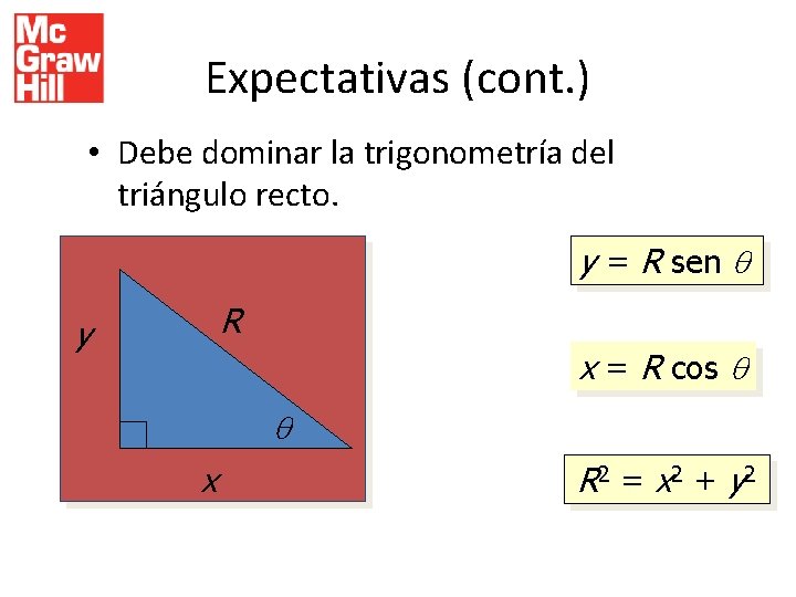 Expectativas (cont. ) • Debe dominar la trigonometría del triángulo recto. y y =