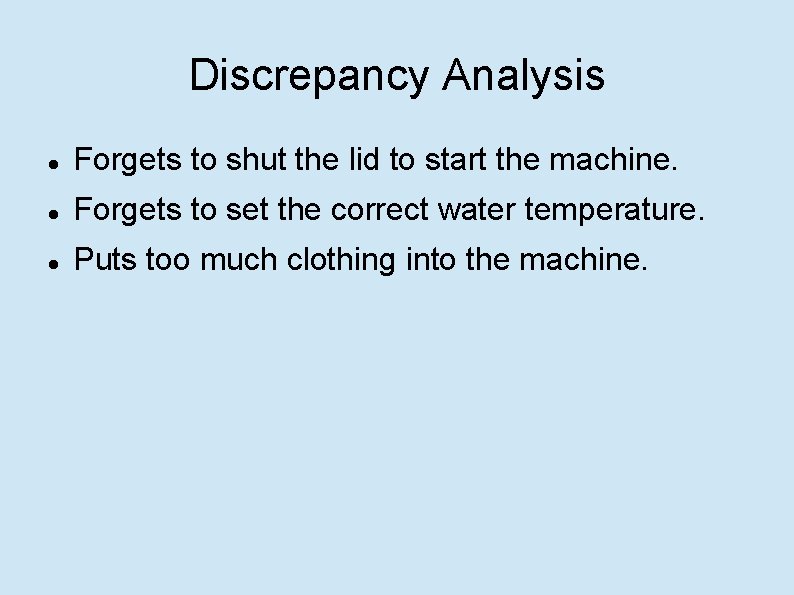 Discrepancy Analysis Forgets to shut the lid to start the machine. Forgets to set