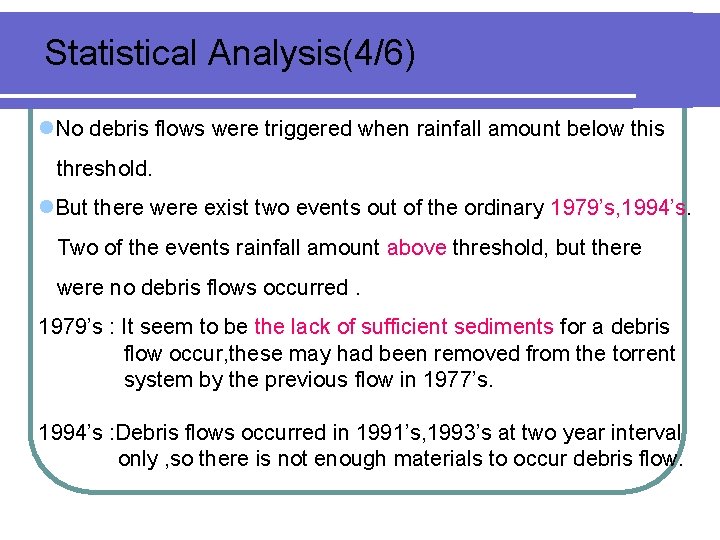 Statistical Analysis(4/6) l. No debris flows were triggered when rainfall amount below this threshold. Statistical Analysis(4/6) l. No debris flows were triggered when rainfall amount below this threshold.