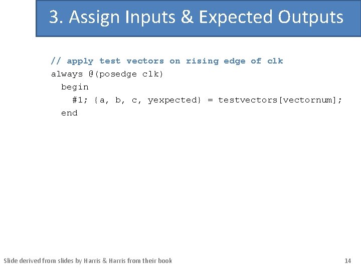 3. Assign Inputs & Expected Outputs // apply test vectors on rising edge of