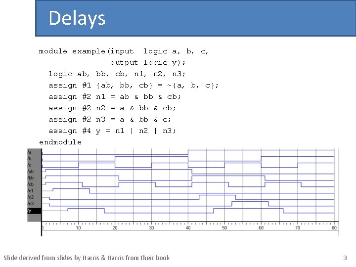 Delays module example(input logic a, b, c, output logic y); logic ab, bb, cb,