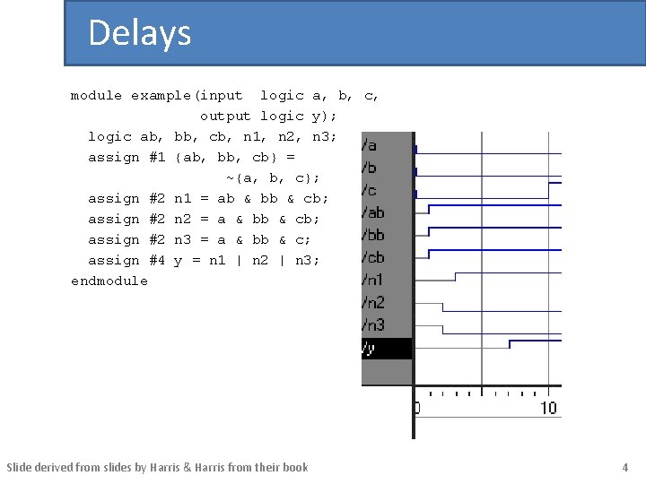 Delays module example(input logic a, b, c, output logic y); logic ab, bb, cb,