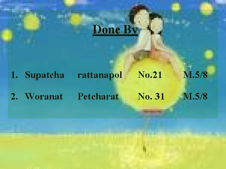 Done By 1. Supatcha rattanapol 2. Woranat Petcharat No. 21 No. 31 M. 5/8