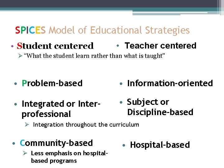 SPICES Model of Educational Strategies • Student centered • Teacher centered Ø “What the