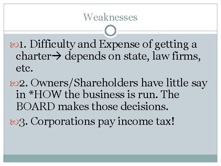 Weaknesses 1. Difficulty and Expense of getting a charter depends on state, law firms,
