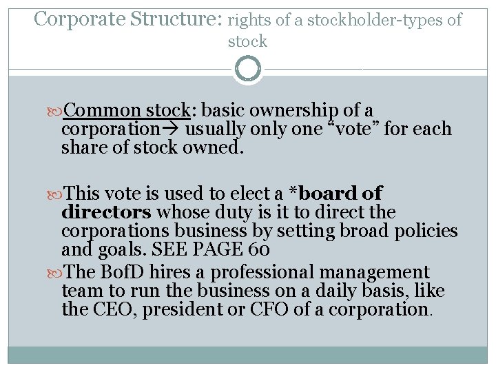 Corporate Structure: rights of a stockholder-types of stock Common stock: basic ownership of a