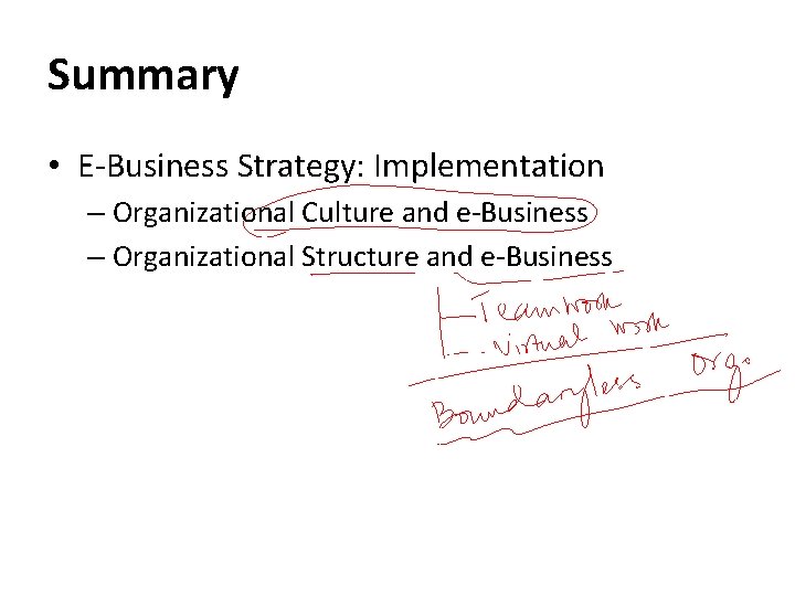Summary • E-Business Strategy: Implementation – Organizational Culture and e-Business – Organizational Structure and