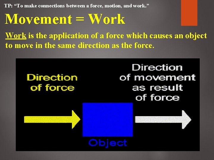 TP: “To make connections between a force, motion, and work. ” Movement = Work TP: “To make connections between a force, motion, and work. ” Movement = Work