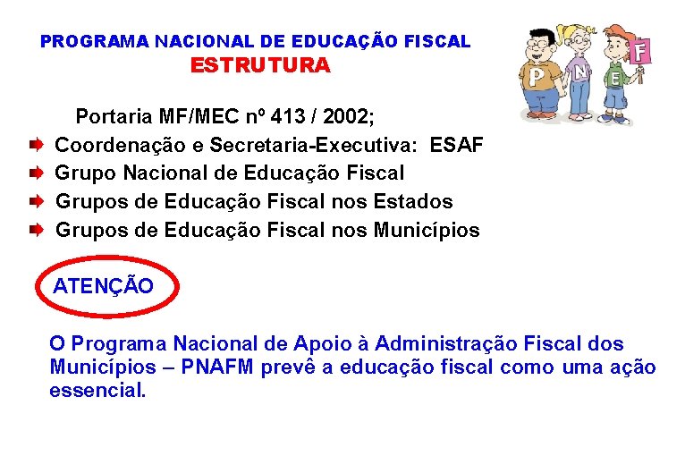 PROGRAMA NACIONAL DE EDUCAÇÃO FISCAL ESTRUTURA Portaria MF/MEC nº 413 / 2002; Coordenação e