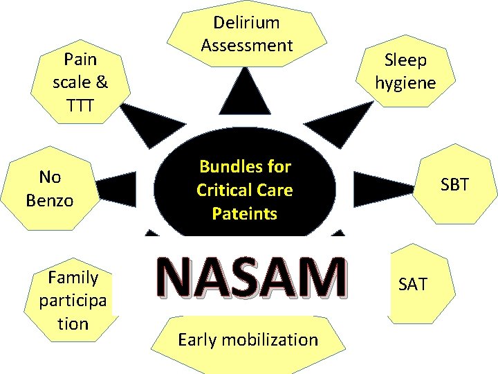 Pain scale & TTT No Benzo Family participa tion Delirium Assessment Sleep hygiene Bundles