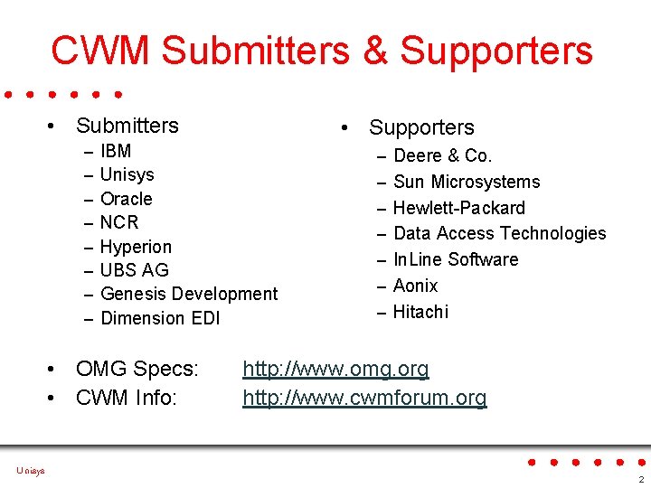 CWM Submitters & Supporters • Submitters – – – – IBM Unisys Oracle NCR