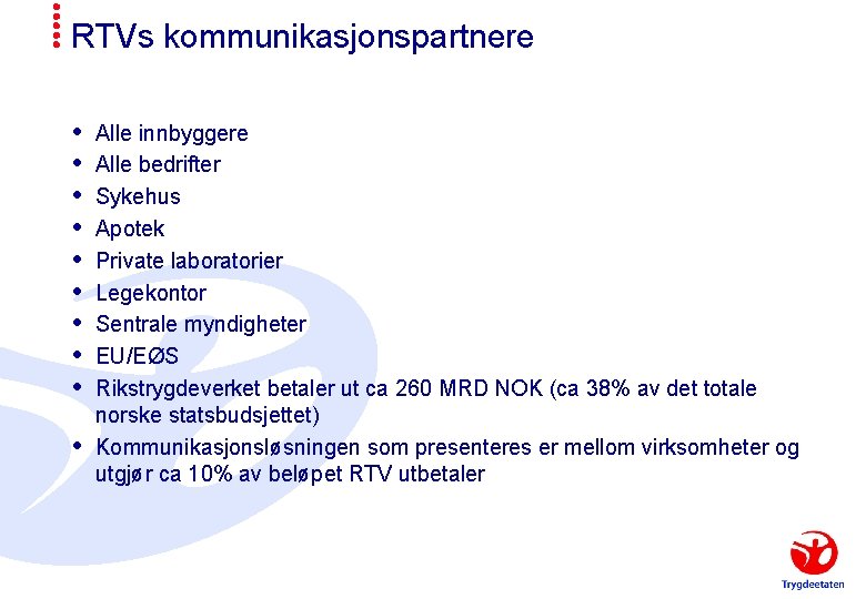 RTVs kommunikasjonspartnere Alle innbyggere Alle bedrifter Sykehus Apotek Private laboratorier Legekontor Sentrale myndigheter EU/EØS