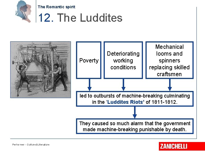 The Romantic spirit 12. The Luddites Poverty Deteriorating working conditions Mechanical looms and spinners