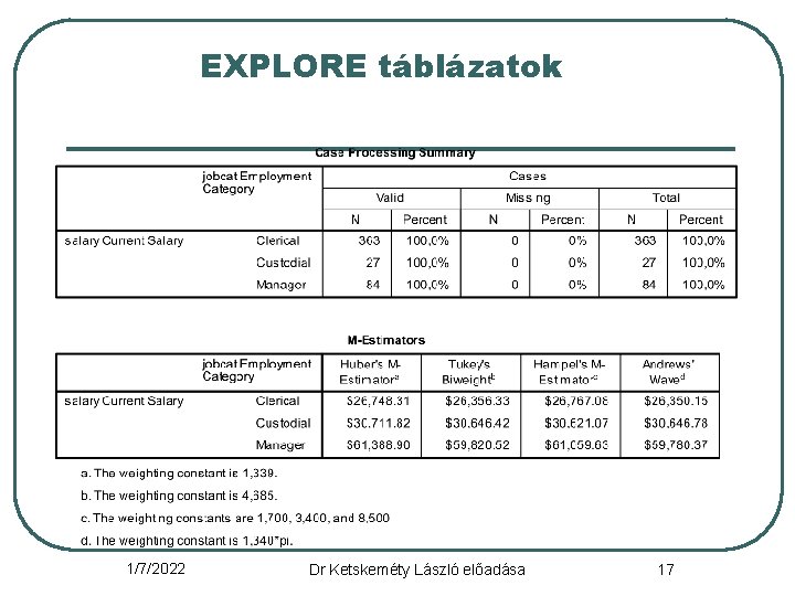 EXPLORE táblázatok 1/7/2022 Dr Ketskeméty László előadása 17 