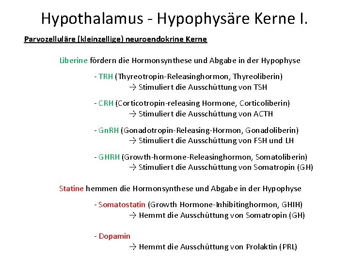 Hypothalamus - Hypophysäre Kerne I. Parvozelluläre (kleinzellige) neuroendokrine Kerne Liberine fördern die Hormonsynthese und