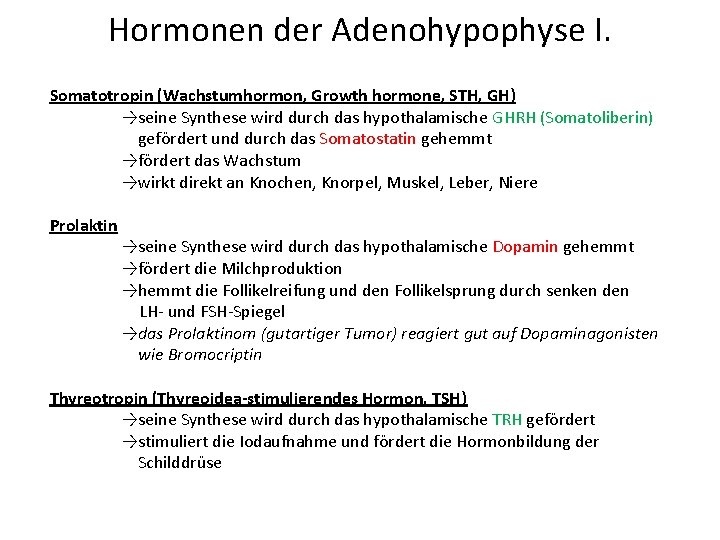 Hormonen der Adenohypophyse I. Somatotropin (Wachstumhormon, Growth hormone, STH, GH) →seine Synthese wird durch