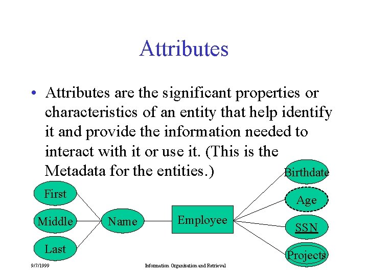 Attributes • Attributes are the significant properties or characteristics of an entity that help
