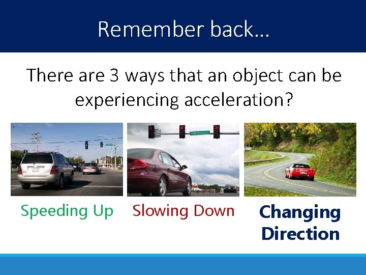 Remember back… There are 3 ways that an object can be experiencing acceleration? Speeding