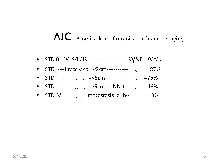 AJC America Joint Committee of cancer staging • STD 0 DCIS/LCIS-----------5 ysr =92%s •