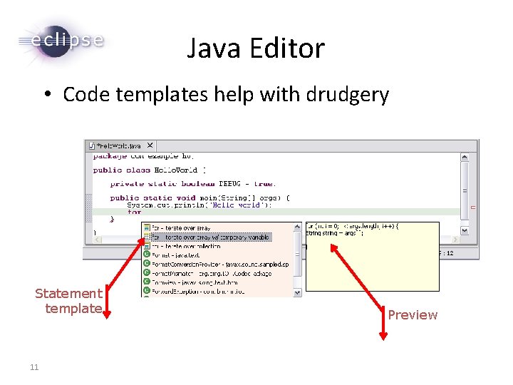 Java Editor • Code templates help with drudgery Statement template 11 Preview 