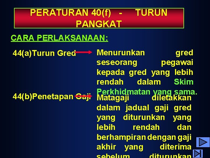 PERATURAN 40(f) PANGKAT TURUN CARA PERLAKSANAAN: Menurunkan gred seseorang pegawai kepada gred yang lebih PERATURAN 40(f) PANGKAT TURUN CARA PERLAKSANAAN: Menurunkan gred seseorang pegawai kepada gred yang lebih