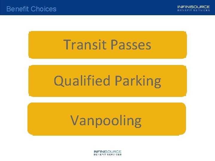 Benefit Choices Transit Passes Qualified Parking Vanpooling www. infinisource. net 