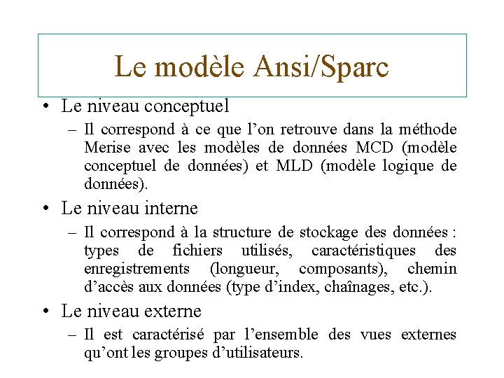 Le modèle Ansi/Sparc • Le niveau conceptuel – Il correspond à ce que l’on